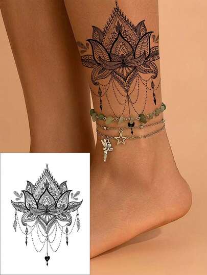 2张海娜风格临时纹身贴纸，防水，逼真的花卉和链条图案，适用于脚踝、肩膀、手腕、胸部、腿部，男女皆宜，适合日常、旅行、海滩等场合，可作身体彩绘装饰或DIY礼物。