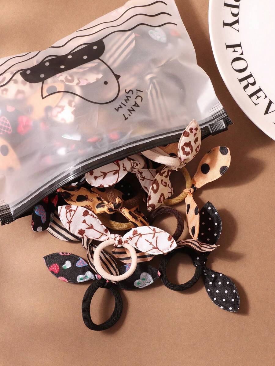 5/10/20/30pcs Brown Rabbit Ear Hair Scrunchies, Cute Bow Elastic Hair Ties (Random Color & Style) - Multicolor - View 1