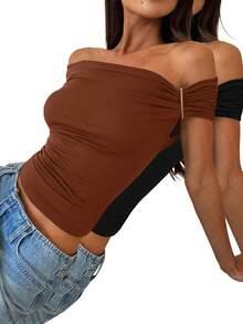 Women's Summer Short Sleeve Sexy Off-Shoulder Cinched Waist Metal Buckle Decor Casual Daily Outfit - Mixed Colors - View 6