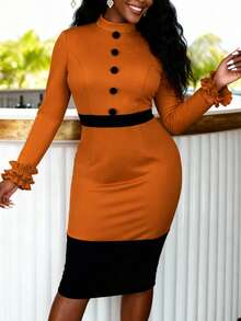 Women's Contrast Color Fitted Mid-Length Dress With High Collar, Front Button, Ruffle Hem, Long Sleeve, Suitable For Daily Work Wear - Brown - View 4