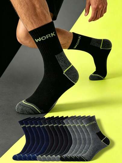 1/10/20/30 Pares de Meias Masculinas Reforçadas no Calcanhar e Dedo do Pé, Estilo Canelado Até a Panturrilha, Estampa com Letras de Tema de Trabalho, Adequadas para Trabalho Diário e Atividades ao Ar Livre de Homens, Múltiplas Cores Disponíveis