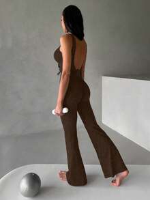Sexy & Fashionable Versatile Round Neck Sleeveless Backless Peach Hip Ruched Design Tight Jumpsuit, Suitable For Spring/Summer Sports & Yoga Elegant - Brown - View 5