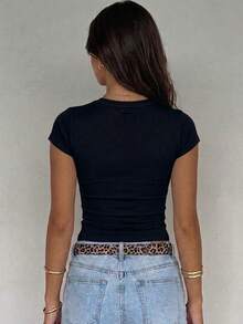 Women's Solid Color Round Neck Casual Versatile Daily Wear Short Sleeve T-Shirt - Pink - View 3