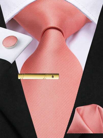 Men's Coral Pink Wave Elegant Tie Set – Includes Pocket Square, Cufflinks & Gold Tie Clip, Festive Formal Necktie For Holidays