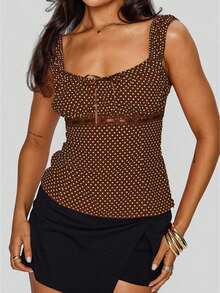 Women's Polka Dot Bow Front Cami Top - Square Neck Ruched Sleeveless Summer Y2K Top - Brown - View 1