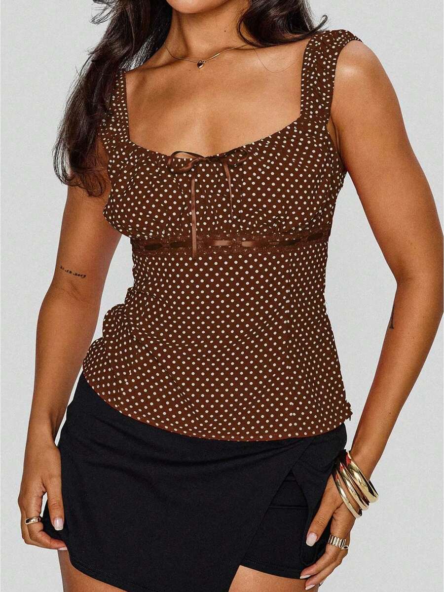 Women's Polka Dot Bow Front Cami Top - Square Neck Ruched Sleeveless Summer Y2K Top - Brown - View 1