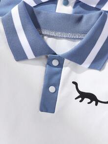 2pcs/Set Summer New Fashion Ribbed Polo Collar Dinosaur Print Romper & Shorts Set - Multicolor - View 5