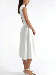 Women's Elegant White Pleated Midi Dress With Stand Collar Neck - White - View 3