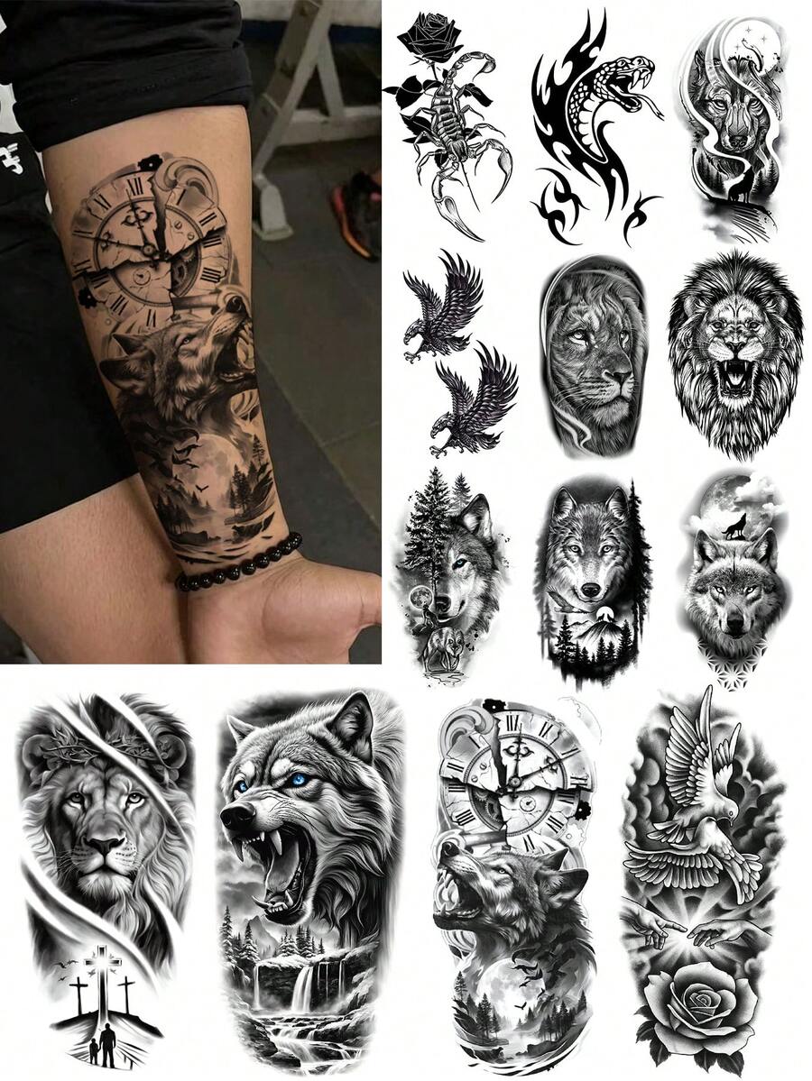 13 buah Stiker Tato Sementara Tahan Air Warna Hitam untuk Pria, Menampilkan Pola Singa, Harimau, Kepala Serigala, Kalajengking, dan Totem Elang, Berbagai Ukuran, Mudah Dipasang dan Dilepas, Cocok untuk Festival, Pesta, Pertunjukan, dan Pemakaian Sehari-hari, Dapat Menutupi Bekas Luka, Gaya Sketsa