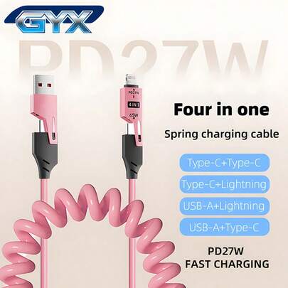 GYX Cable de datos retráctil con resorte, cable de carga rápida, cable de carga múltiple 4 en 1, disponible en varios colores, adecuado para uso en interiores/exteriores/viajes y automotriz, compatible con varios modelos de teléfonos para carga rápida