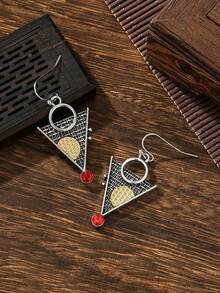1 par de pendientes colgantes de estilo bohemio retro con diseño de triángulo y puesta de sol, adecuados para el uso diario de las mujeres - Plateado - Ver 3