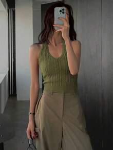Women's Summer Solid Color Halter Backless Twist Knit Top - Army Green - View 5