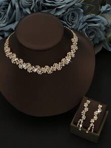 Bộ 3 món, Dây chuyền và bông tai mạ vàng sang trọng đính đá Cubic Zirconia, Bộ trang sức cô dâu lấp lánh pha lê dành cho nữ dự tiệc cưới, dạ hội, quà tặng trang sức nổi bật. - Vàng - Xem 5