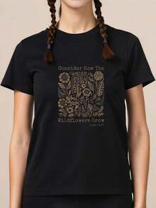 Consider How The Wildflowers Grow - Bible Verse - Cottagecore T-Shirt. Suitable For Participating In Church Activities. - Black - View 4