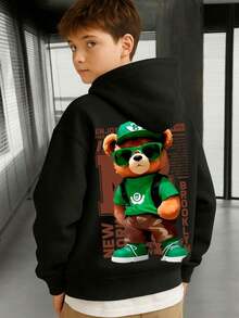 Kids' Kangaroo Hoodie With Bear Print, Cotton, Comfortable, Various Colors And Sizes - 黑色 - 查看 2