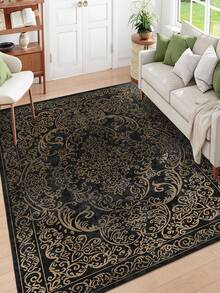 Modern Round Washable Non-Slip Area Rug – Thin Soft Living Room Carpet, Kitchen Rug & Runner, Home Decor Rug - Black - View 3