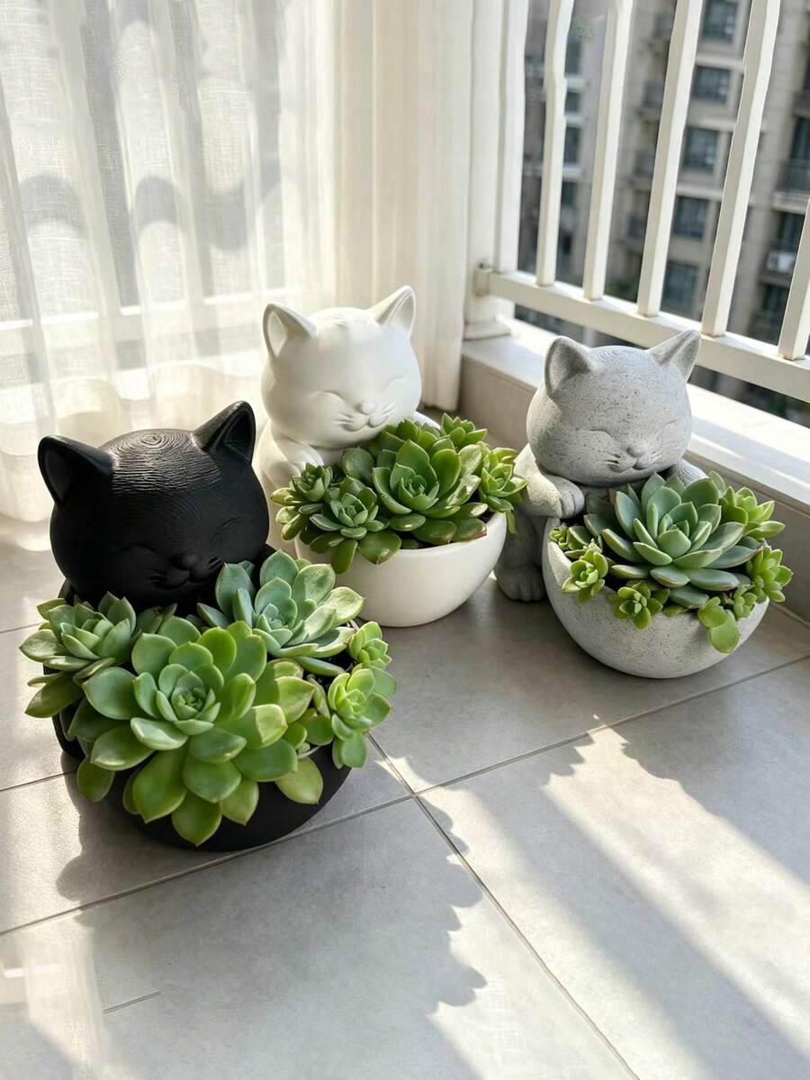 1个猫咪抱碗多肉植物花盆，3D猫形迷你植物装饰 - 貓咪抱碗花盆 - 查看 1