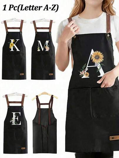 1 pièce Tablier de cuisine amusant, imprimé de lettres A-Z avec fleurs de tournesol et marguerites, tablier de cuisine sans manches épaissi unisexe, tablier de cuisine noir, imperméable et résistant à l'huile, avec sangles réglables, avec deux poches pratiques, convient pour la cuisine, la cuisson, le jardinage, le barbecue, tablier de chef durable