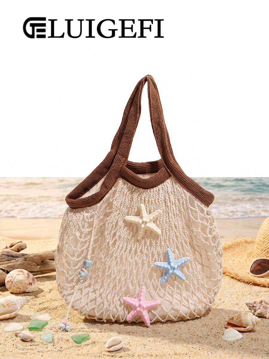 Bolso de malla de estilo festivo a la moda, con adornos de cuentas de concha en beige con ribete marrón; un bolso de mano para damas, perfecto para vacaciones en la playa y ocasiones similares - Marrón - Ver 1