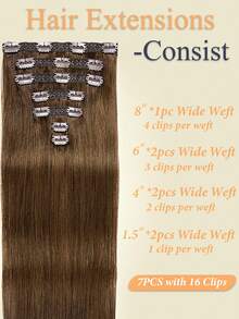 7pcs Set, Includes 16 Clips, 70g Straight Hair Extensions With Clips, Real Human Hair, #4 Medium Brown, Double-Layered Sewing, Suitable For Women's Daily Wear, Easy To Wear. - S4 - 查看 5