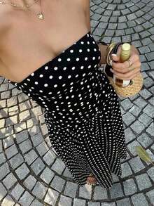 Vestido bandeau con cintura ceñida y estampado de lunares, estilo vacacional - Negro - Ver 3