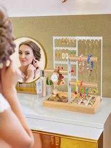 1 hộp đựng trang sức, hộp đựng bông tai 4 tầng với 48 lỗ, 6 móc treo dây chuyền, hộp gỗ đựng vòng tay và nhẫn, quà tặng Ngày của Mẹ cho phụ nữ, đồ trang trí phòng theo phong cách Preppy, quà tặng Ngày Valentine, giá đỡ bông tai bằng sắt mộc mạc với đế gỗ chắc chắn - giá trưng bày bông tai, giá đựng bông tai bằng sắt và gỗ cổ điển - bảng trưng bày trang nhã phụ kiện tai, giá đỡ bông tai bằng sắt và gỗ thủ công - giá trưng bày bông tai thủ công. - Nhiều màu - Xem 4