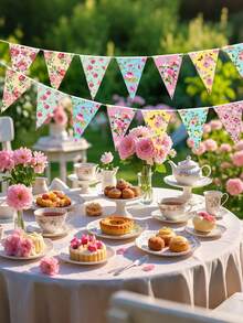 24pcs/2pcs Set Tea Flower Party Decoration Paper Triangle Pennant Outdoor Floral Decor Flags, Suitable For Spring/Summer Fairy Garden, Baby Shower, Wedding, Birthday, Bedroom Hanging Decor (12 Flags/Pack) - A - View 4