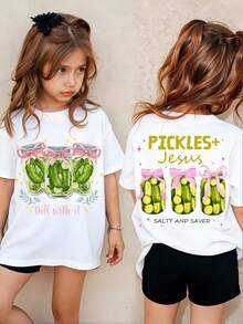 Kids Pickle Jar Bow Print Short-Sleeve Tee. 180g Soft, Breathable Fabric. Round Neck, All Seasons, Unisex For School, Casual Sports, Parties & Travel. - 白色1 - 查看 1