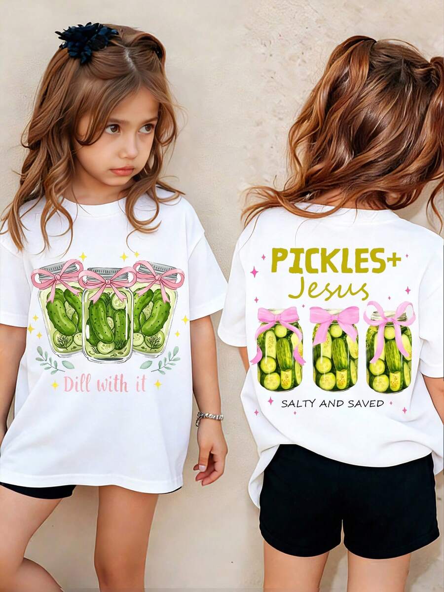 Kids Pickle Jar Bow Print Short-Sleeve Tee. 180g Soft, Breathable Fabric. Round Neck, All Seasons, Unisex For School, Casual Sports, Parties & Travel. - 白色1 - 查看 1
