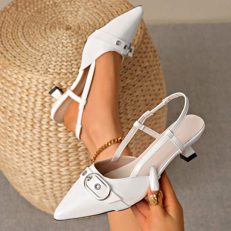 Giày sandal nữ mũi nhọn gót chunky thời trang bằng da PU tráng gương, kiểu dáng hở gót, thích hợp cho hộp đêm, mùa hè. - trắng - Xem 1