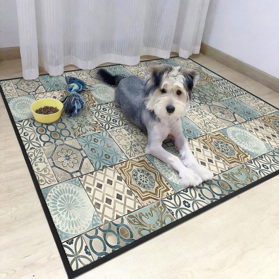 1pc Vintage Tile Pattern Pet Feeding Mat - Easy To Clean, Suitable For Cats And Dogs, Fits Home Decor, Great Gift And Holiday Decoration - Multicolor - View 1