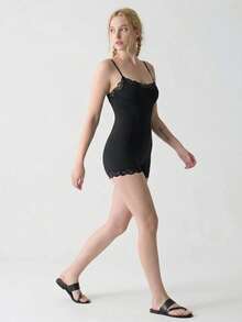 Contrast Lace    Sleeveless    Short - Black - View 6