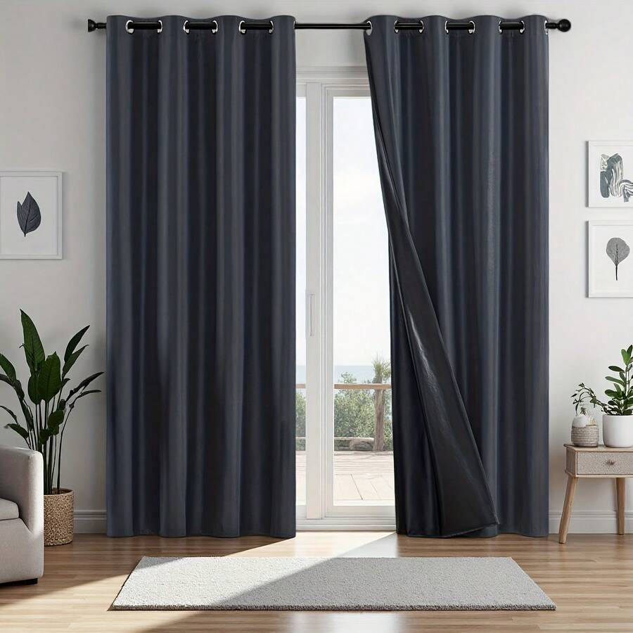 1 pièce Rideau isolant thermique noir opaque minimaliste moderne, design à œillets en haut pour un accroché facile, lavable, convient pour la chambre à coucher, le salon, le balcon, le dortoir, les fenêtres du sol au plafond, les baies vitrées - Noir 1 pièce - Voir 1