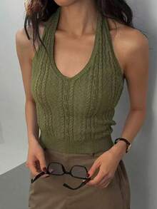 Women's Summer Solid Color Halter Backless Twist Knit Top - Army Green - View 6