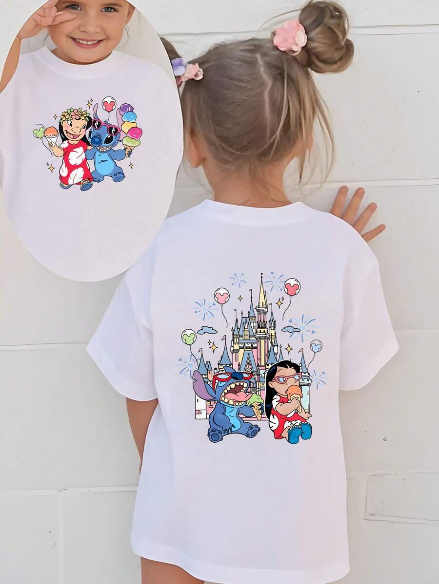 Disney Lilo And Stitch With Castle And Balloons Double-Sided Printed Pattern T-Shirts For Girls - Children's Clothing Design Short-Sleeved Casual And Cute Style Comfortable And Casual Wear All Year Round Suitable For Parties And Play Machine Washable Gift Children's Clothing Girls' Short-Sleeved Shirts - 白色 - 查看 1