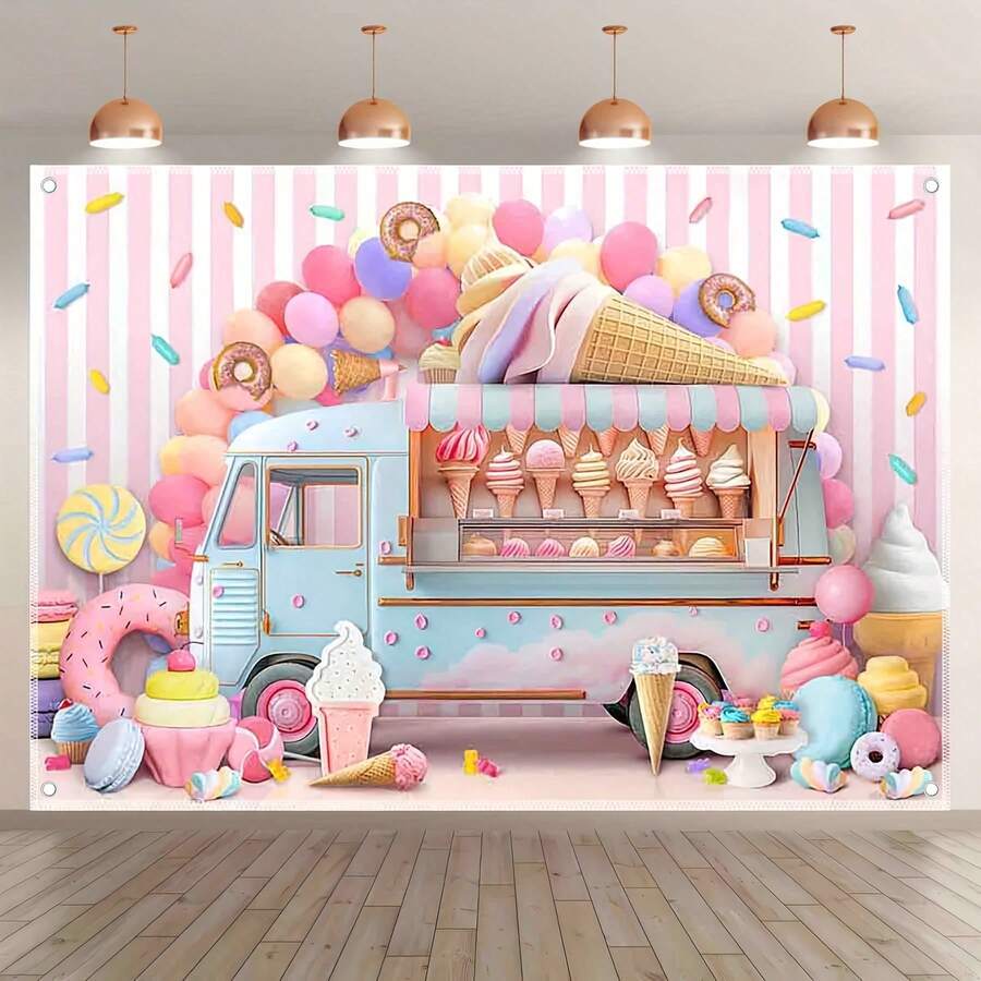 2D Flat, 1-Piece Summer Ice Cream Truck Backdrop – Features A Bright Cartoon Design Decorated With Balloons, Lollipops, Donuts, And Cupcake Patterns.Made Of Durable Polyester Material, Suitable For Birthday Parties, Baby Showers, And Indoor And Outdoor Events.Machine Washable, Metal Eyelets Are Rust-Proof - Nhiều màu - Xem 1