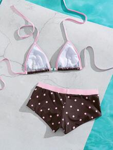 Bộ bikini nữ màu vàng chấm bi kiểu retro, thích hợp cho các buổi đi chơi, phong cách Y2K, dạo phố, nghỉ mát, bãi biển mùa hè. - nâu hồng - Xem 7