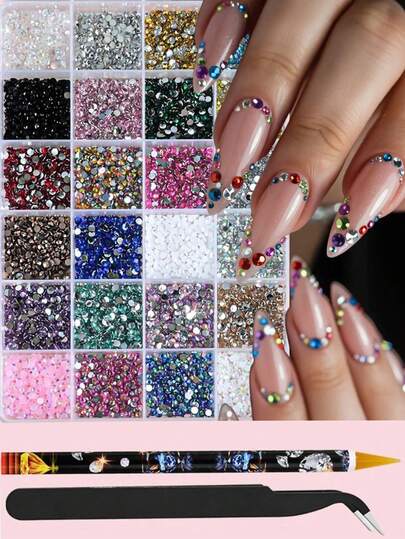 24 Colors Colorful Rhinestone Nail Art Decorations Set AB Resin Flat Bottom Round Diamond Shiny Nail Gems (With Tweezers + Dotting Pen) Suitable For Manicure DIY Handicraft Nail Supplies
