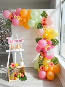 107pcs Tropical Hawaiian Beach Party Arch Balloon Set, Includes Latex Balloons And Plastic Tropical Palm Leaves, Suitable For Hawaiian Birthday Party Decor, Summer Pool Beach Party, Tropical Party, Birthday Decor, Flamingo Theme Birthday, Atmosphere Decoration, Summer Theme Decor, Shower Supplies - Multicolor - View 1