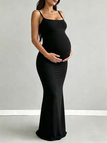 Vestido Camiseta Minimalista Casual de Uso Diário Cor Sólida Preta para Gestantes no Verão - Preto - Visão 6