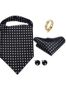 Bộ 4 món gồm khăn choàng cổ Ascot chấm bi đen cổ điển dành cho nam, kèm khuy măng sét và vòng vàng, thích hợp cho tiệc cưới, tiệc chiêu đãi, dạ hội. - màu đen - Xem 1