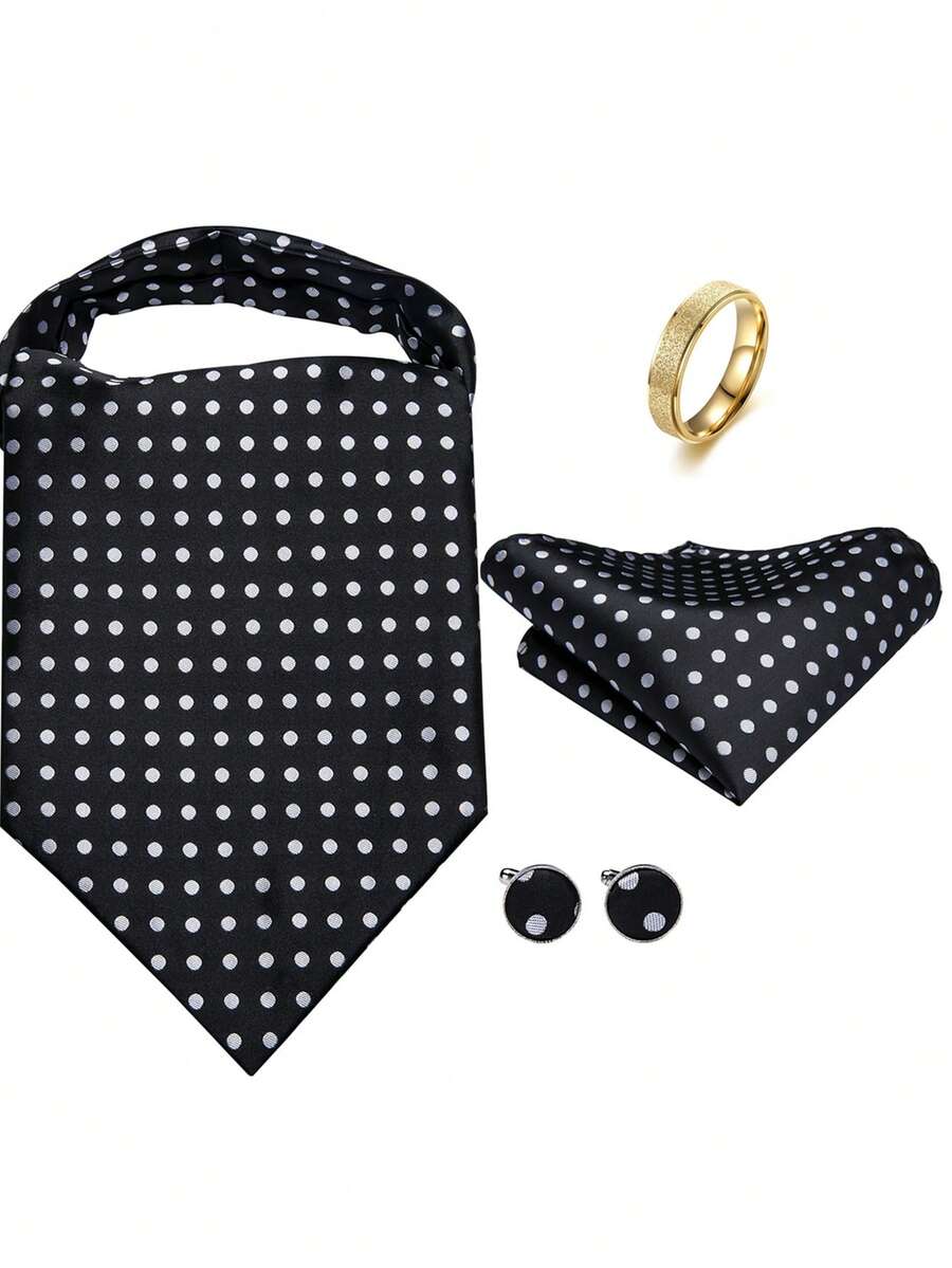 Bộ 4 món gồm khăn choàng cổ Ascot chấm bi đen cổ điển dành cho nam, kèm khuy măng sét và vòng vàng, thích hợp cho tiệc cưới, tiệc chiêu đãi, dạ hội. - màu đen - Xem 1