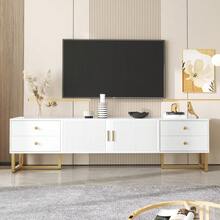 TV Unit, Low Panel With Textured Door, TV Unit With Drawers, Gold Handles And Gold Legs. - White - View 1