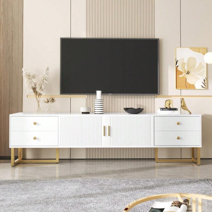 TV Unit, Low Panel With Textured Door, TV Unit With Drawers, Gold Handles And Gold Legs. - White - View 1