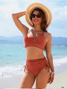 Women's High Waisted Bikini Sets, Crisscross Tie Back Drawstring Tummy Control Two Piece Swimsuits Bathing Suit - Brick Red - 查看 2