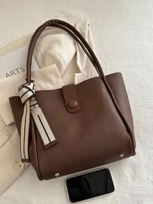 2pcs Set: Large Capacity Solid Color Scarf Decor Business Casual Tote Bag, Mini Solid Color Coin Purse, Suitable For Women Shopping, Commuting, Travel And Daily Use - Coffee Brown - View 6
