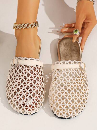 宽楦女士时尚凉鞋，夏季休闲拖鞋，欧美大码新款露趾踝带凉鞋，渔网平底凉鞋，舒适沙滩拖鞋，穆勒凉鞋，米色