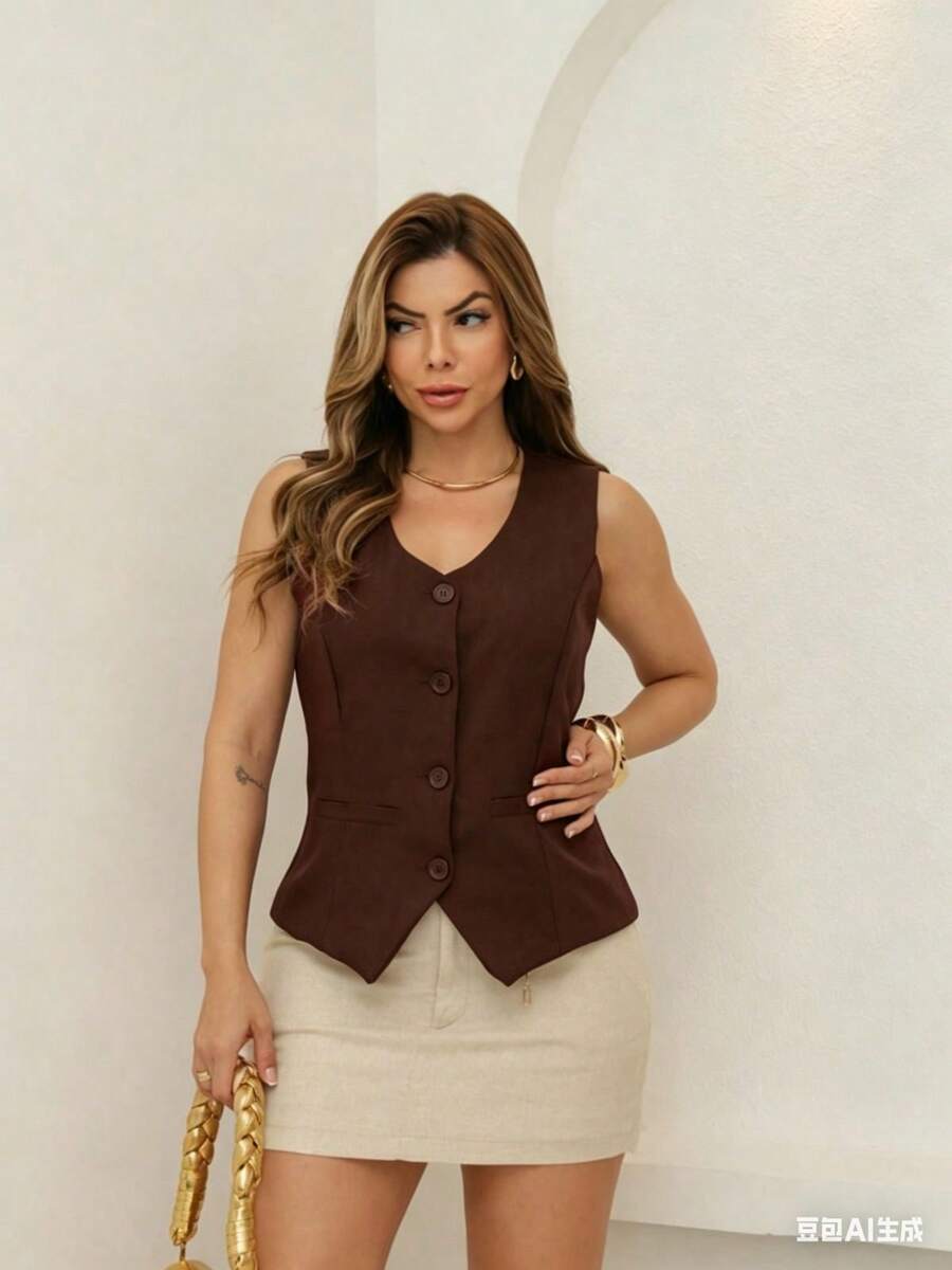 Women's Solid Color Tank Top Vest In Louis Twill Fabric - Coffee Brown - View 1