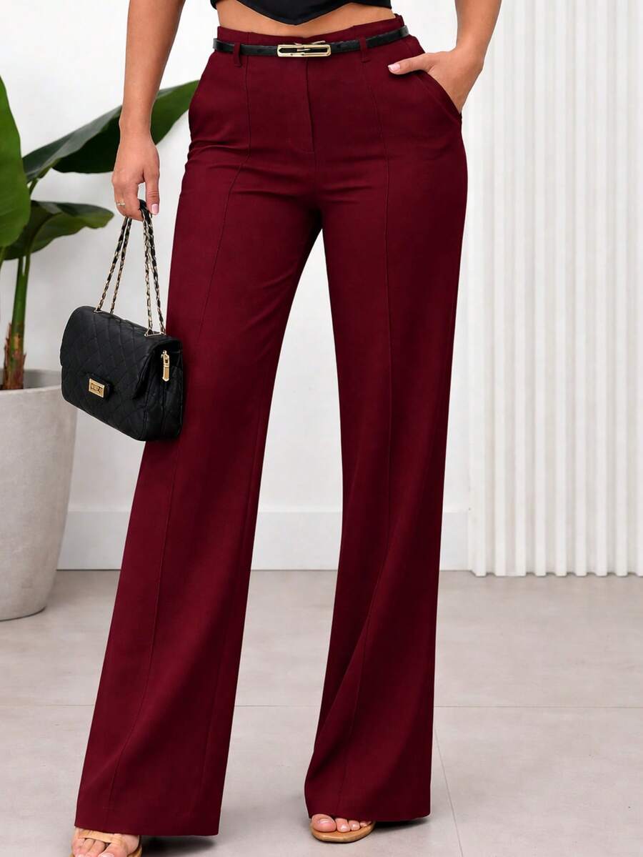 Elegant Women's Wide-Leg Trousers With Belt In Tailored Style - Merah tua - View 1