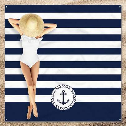 1 件条纹船锚图案沙滩垫，超大尺寸，轻便耐用。是旅行、露营和野餐的理想之选。成人超大尺寸。非常适合海滩和户外探险。
